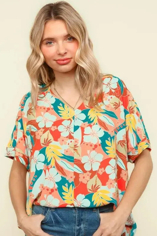 Shorts Trendsi Haptics V-Neck Top Women's Summer Hawaiian Shirt Lightweight Woven