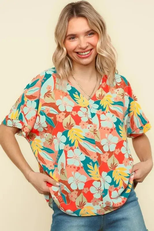 Shorts Trendsi Haptics V-Neck Top Women's Summer Hawaiian Shirt Lightweight Woven