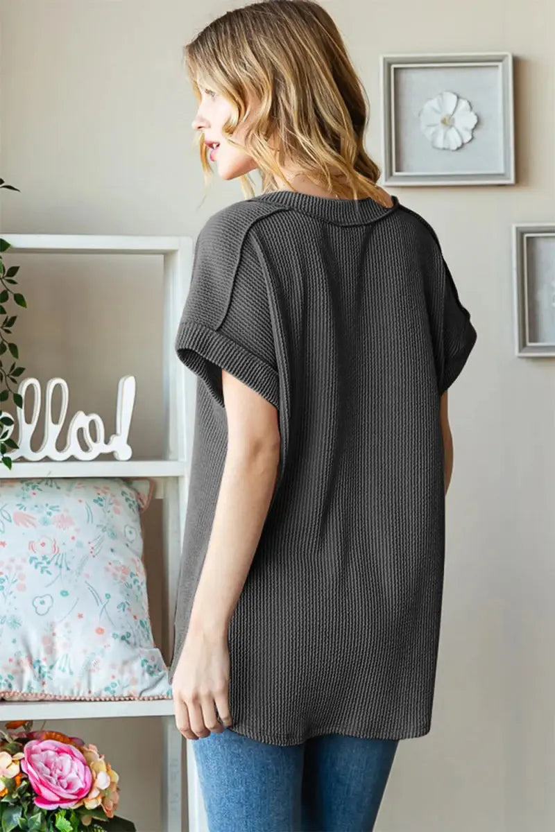 T-Shirts Trendsi Ribbed Top Women's Casual Tee Exposed Seam Short Sleeve Soft T-Shirt
