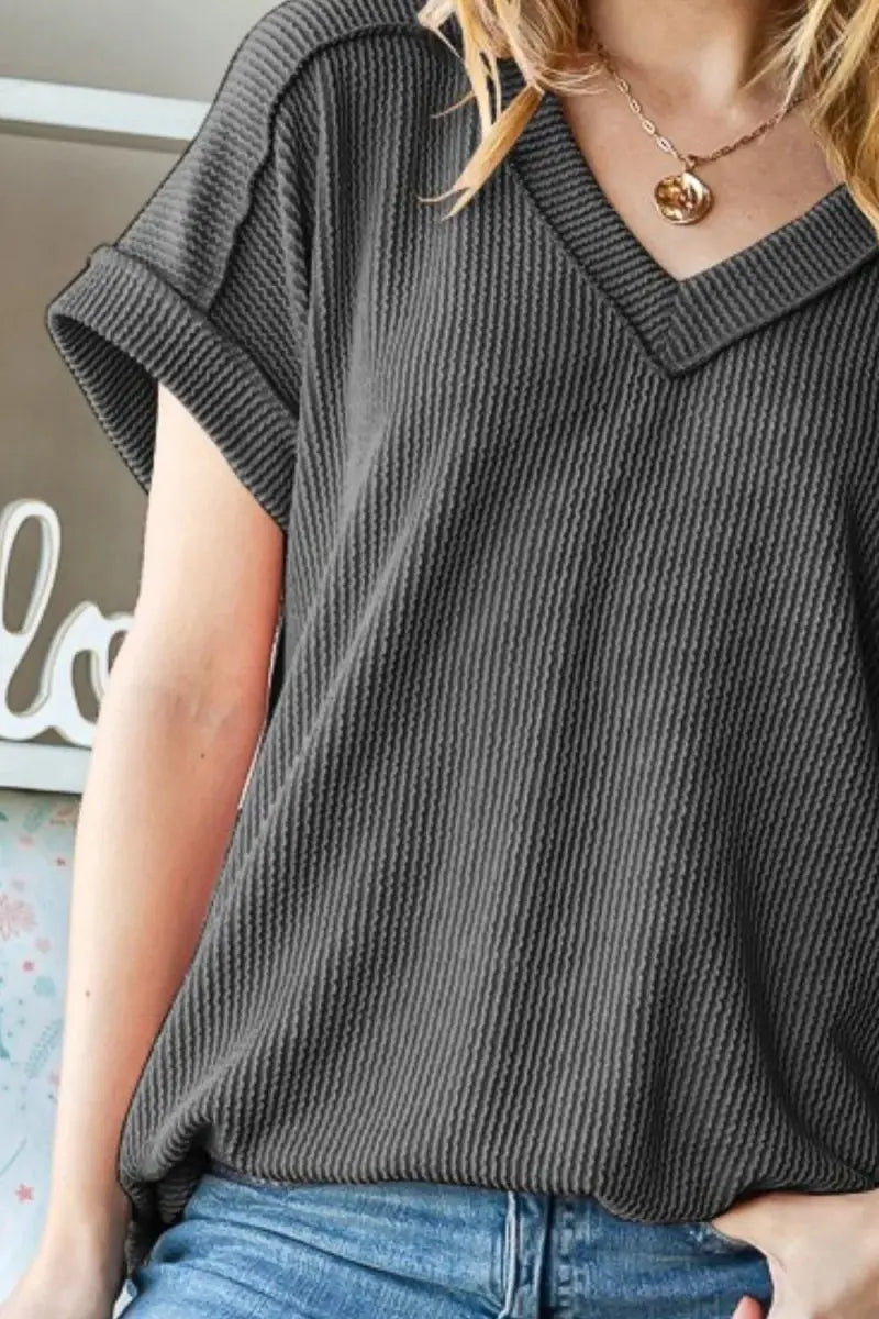 T-Shirts Trendsi Ribbed Top Women's Casual Tee Exposed Seam Short Sleeve Soft T-Shirt