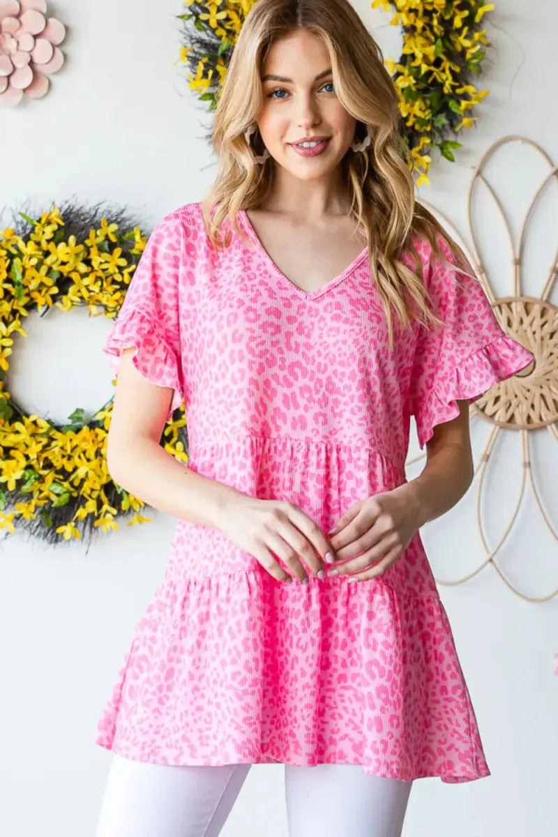 Accessories Trendsi Leopard Ruffle Top Women's Fashion Short Sleeve Blouse - Cute & Trendy
