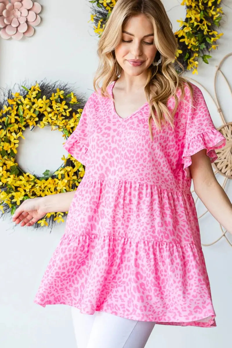 Accessories Trendsi Leopard Ruffle Top Women's Fashion Short Sleeve Blouse - Cute & Trendy