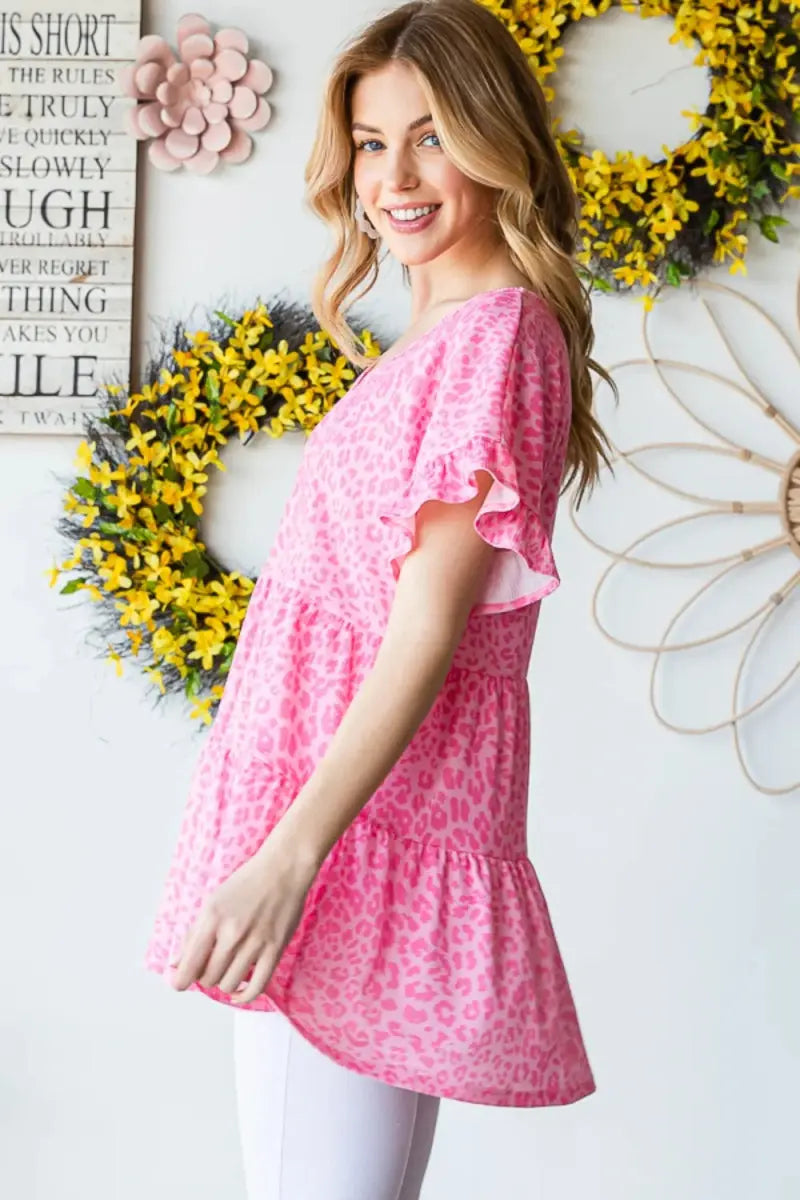Accessories Trendsi Leopard Ruffle Top Women's Fashion Short Sleeve Blouse - Cute & Trendy