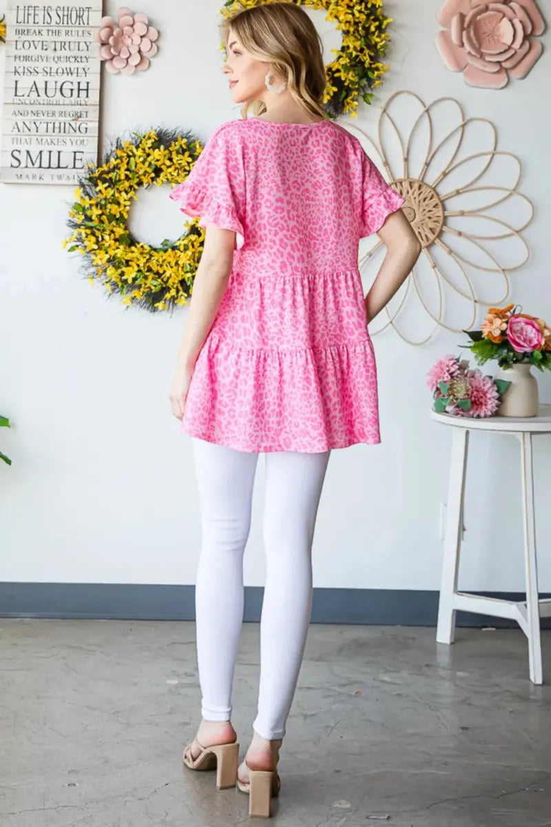 Accessories Trendsi Leopard Ruffle Top Women's Fashion Short Sleeve Blouse - Cute & Trendy