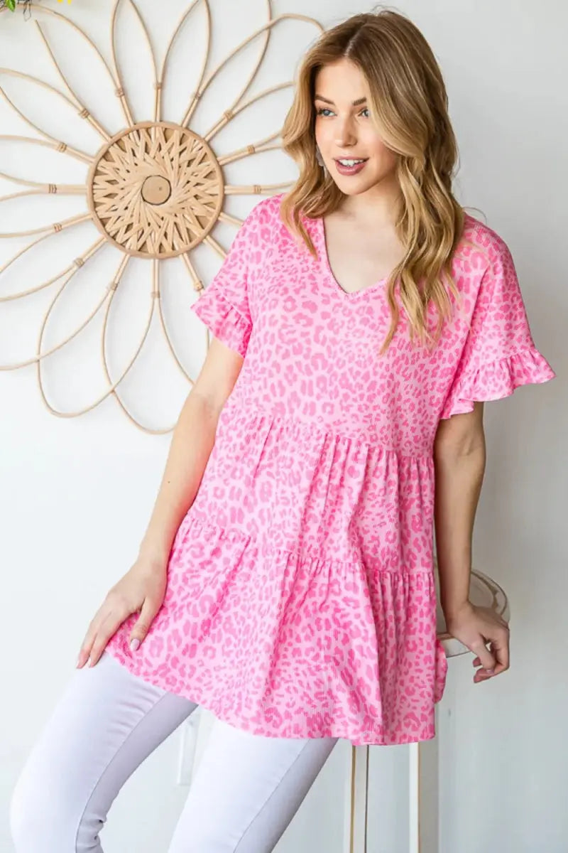 Accessories Trendsi Leopard Ruffle Top Women's Fashion Short Sleeve Blouse - Cute & Trendy