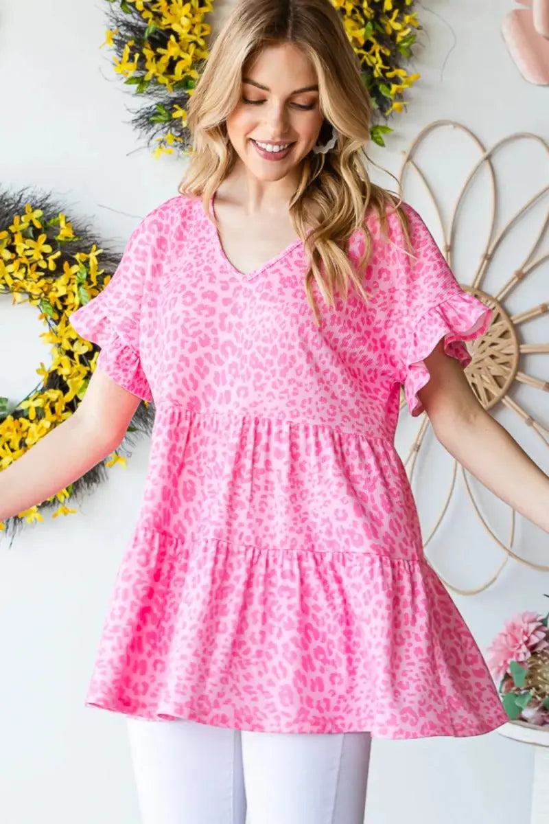 Accessories Trendsi Leopard Ruffle Top Women's Fashion Short Sleeve Blouse - Cute & Trendy