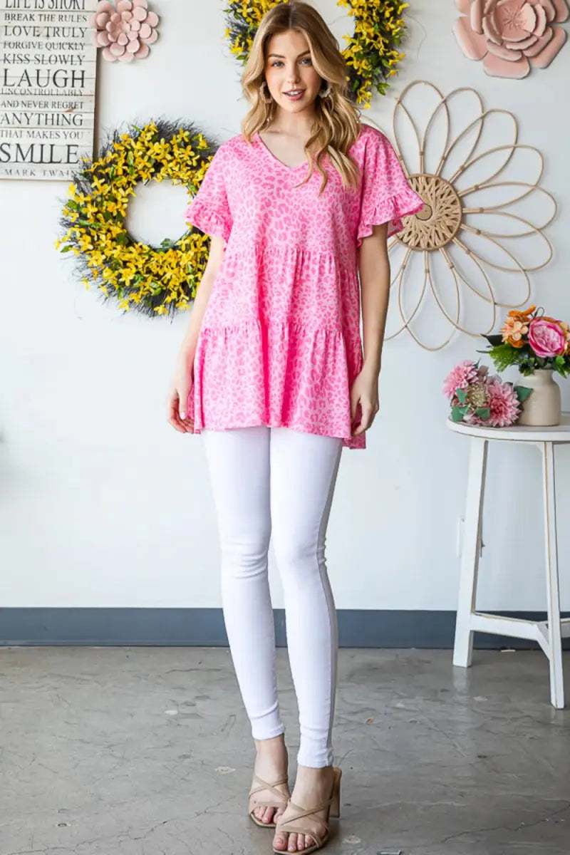 Accessories Trendsi Leopard Ruffle Top Women's Fashion Short Sleeve Blouse - Cute & Trendy