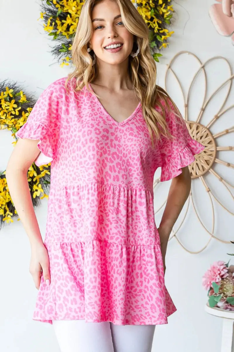 Accessories Trendsi Leopard Ruffle Top Women's Fashion Short Sleeve Blouse - Cute & Trendy