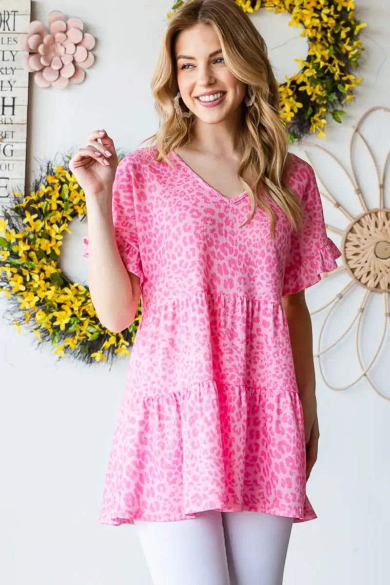 Accessories Trendsi Leopard Ruffle Top Women's Fashion Short Sleeve Blouse - Cute & Trendy