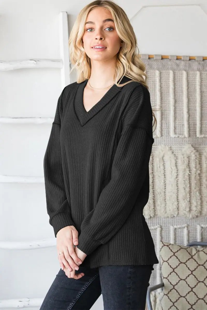 Women's Shirts & Tops V-Neck Top - Ribbed Exposed Seam - Everyday Fashion Tee