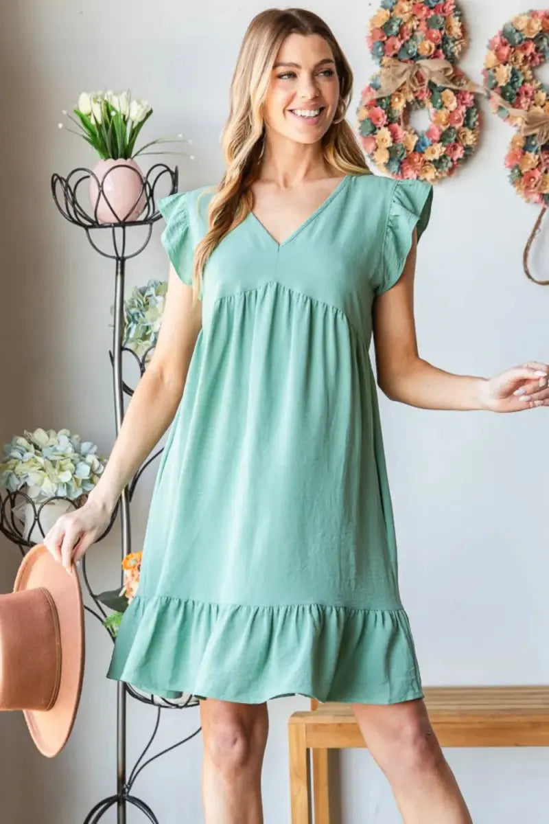 Dresses Trendsi Heimish V-Neck Dress Women's Casual Ruffle Hem Mini Dress - Short Sleeve, Summer