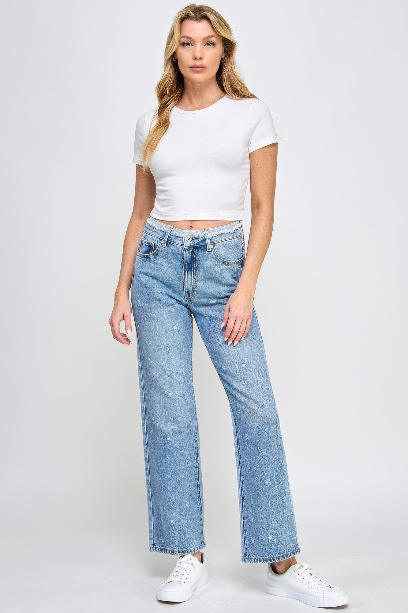 High Rise Dad Jeans W/ Fringe Waistband Detail