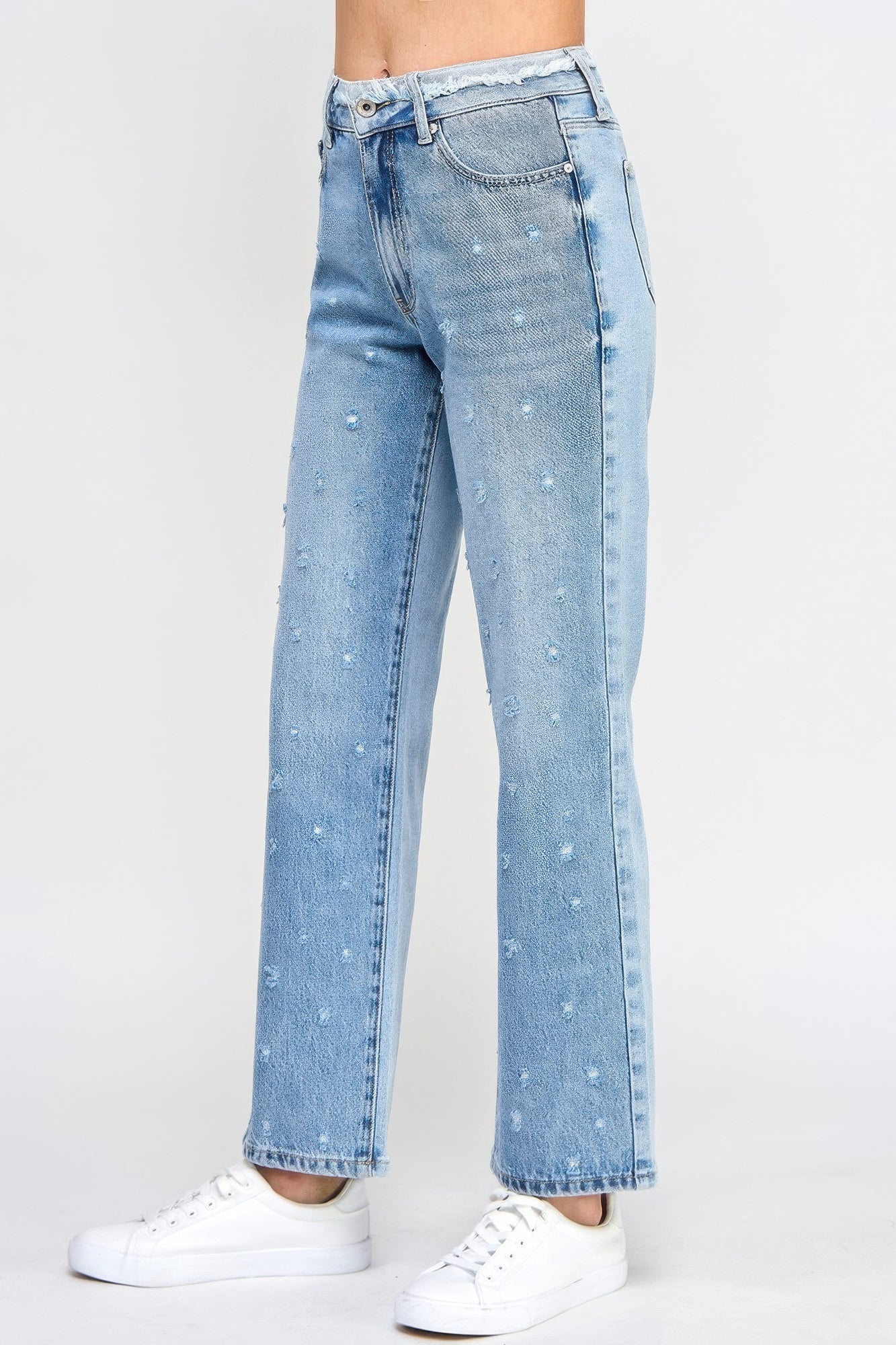 High Rise Dad Jeans W/ Fringe Waistband Detail