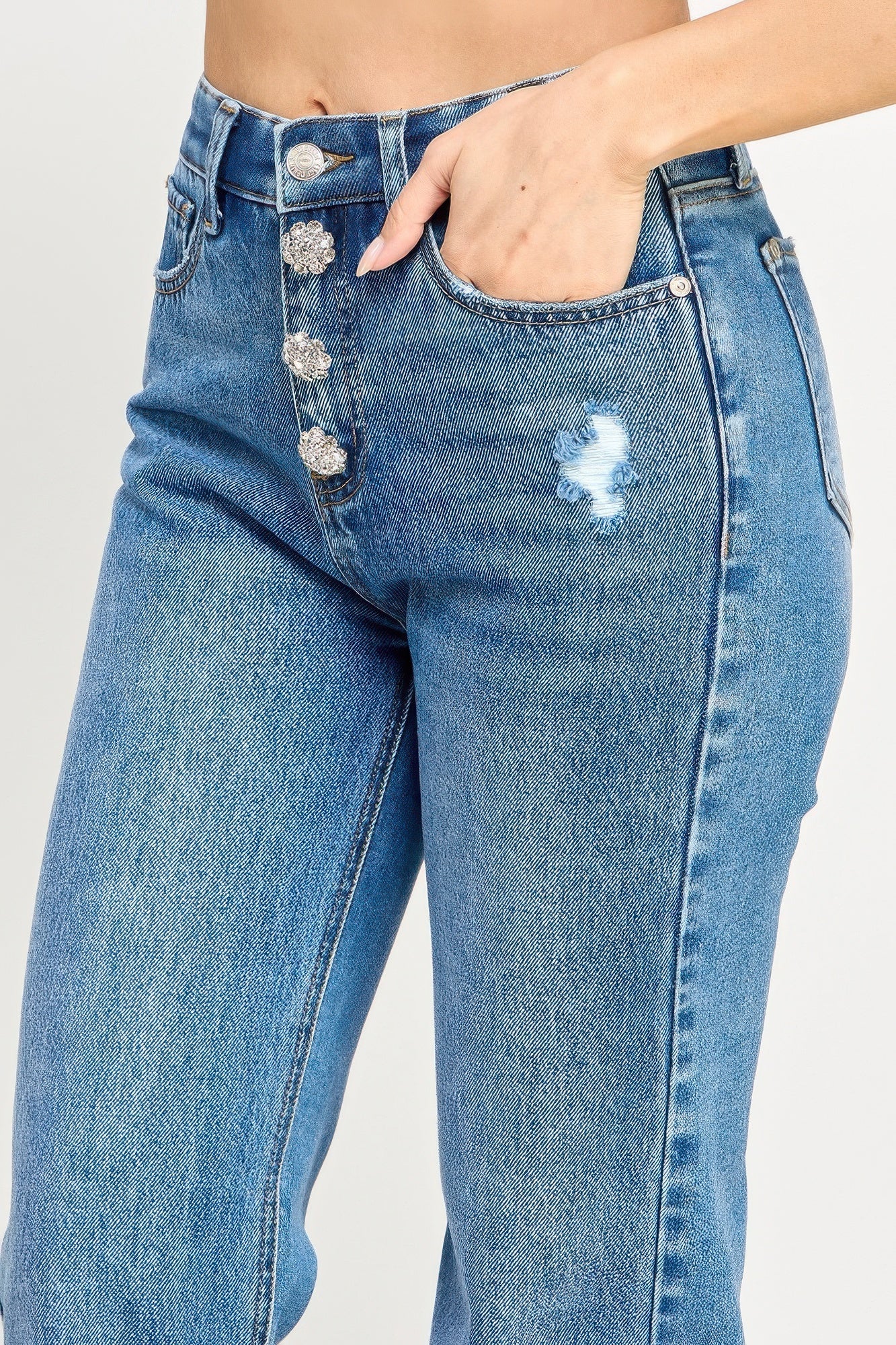 High Rise Dad Jeans W/ Fringe Waistband Detail