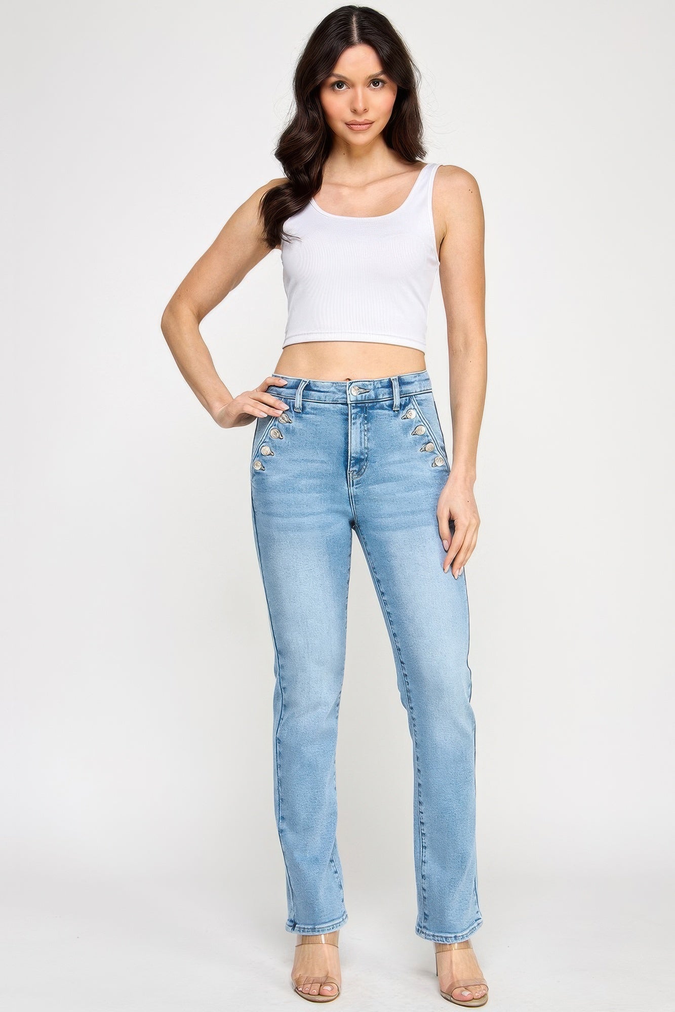 High Rise Straight With Button Pocket