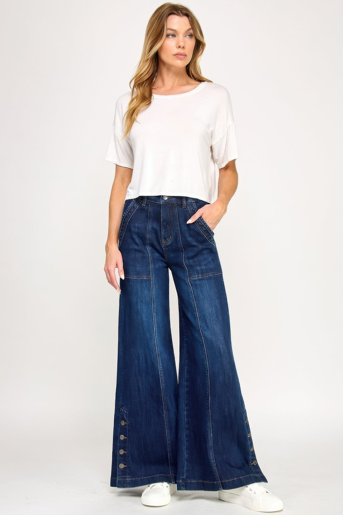 High Rise Wide Leg With Button Slit