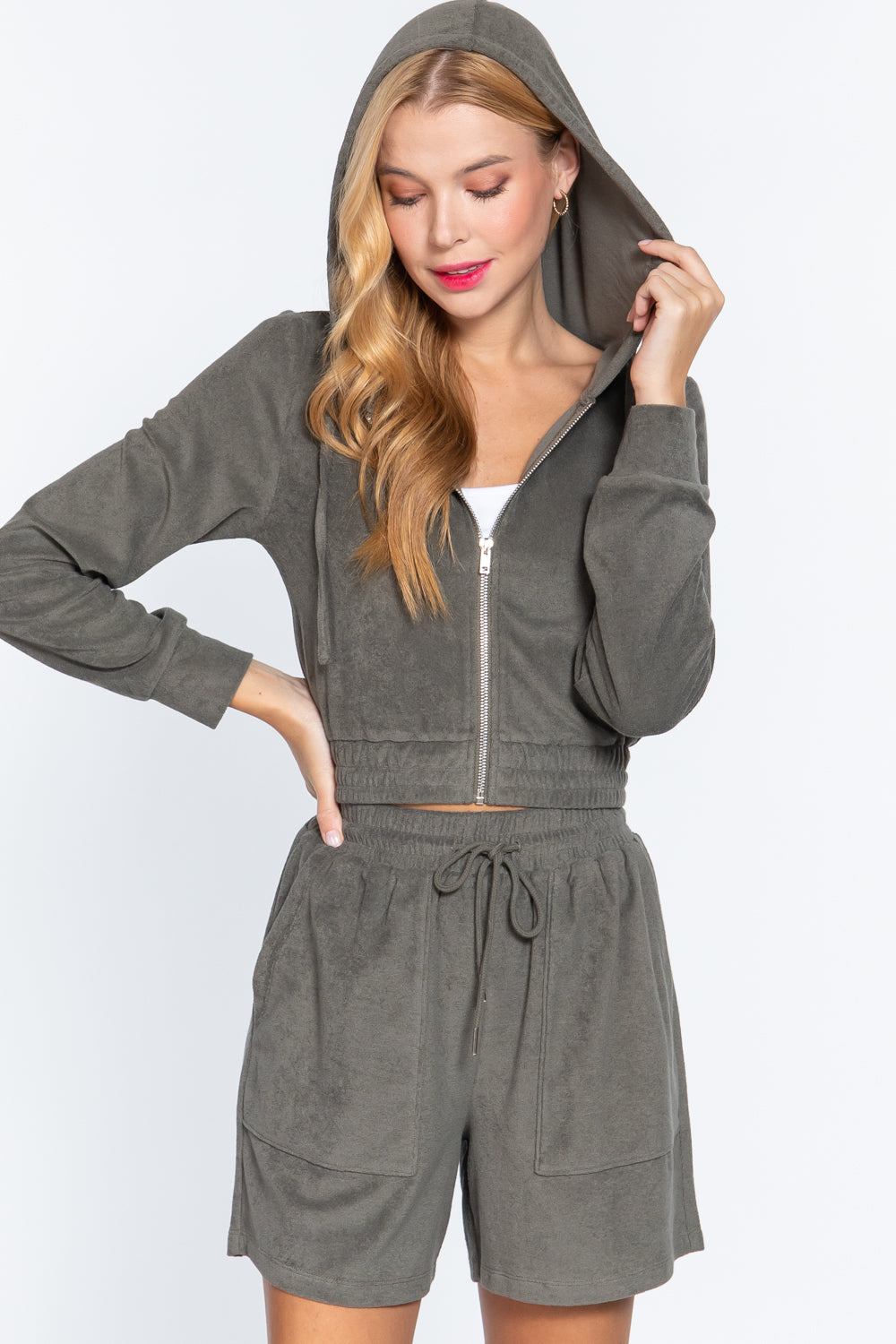 Hoodie Terry Toweling Jacket, Olive Green