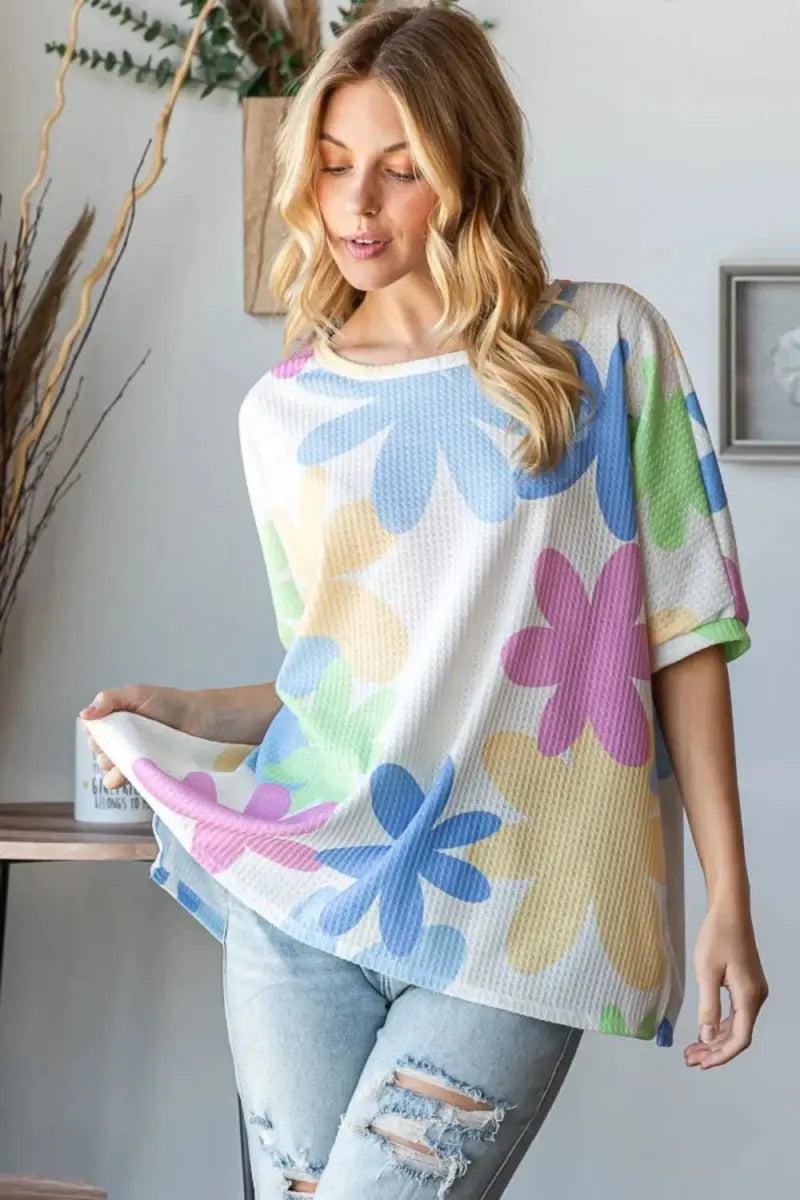 T-Shirts Trendsi Floral Waffle Tee Women's Casual Round Neck T-Shirt Soft & Comfy