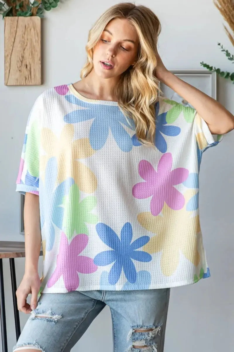 T-Shirts Trendsi Floral Waffle Tee Women's Casual Round Neck T-Shirt Soft & Comfy