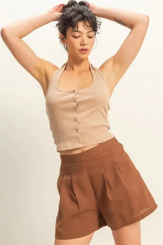Shorts Trendsi Halter Top Women's Casual Washed Buttoned Tank Top - Cute & Comfy