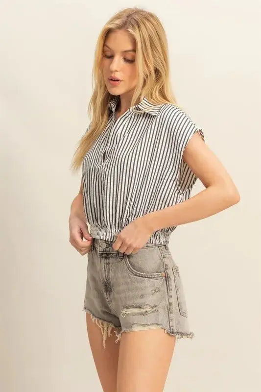 Pants Trendsi Striped Blouse Women's Casual Top Elastic Hem Cap Sleeve Shirt
