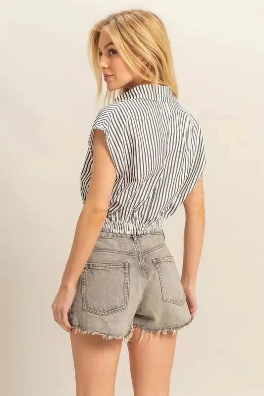 Pants Trendsi Striped Blouse Women's Casual Top Elastic Hem Cap Sleeve Shirt
