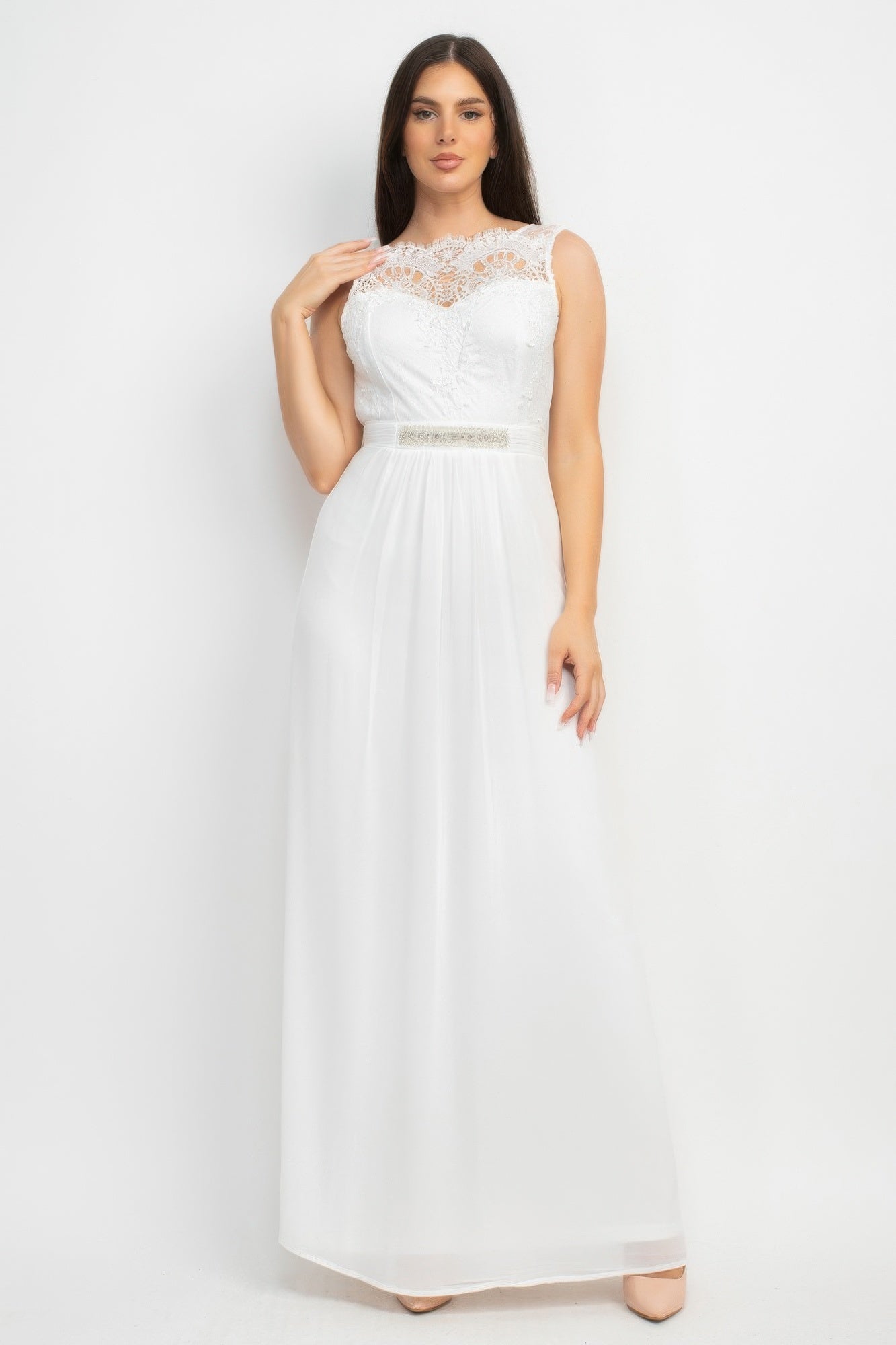 Jewel Waist-tie Lace Maxi Dress