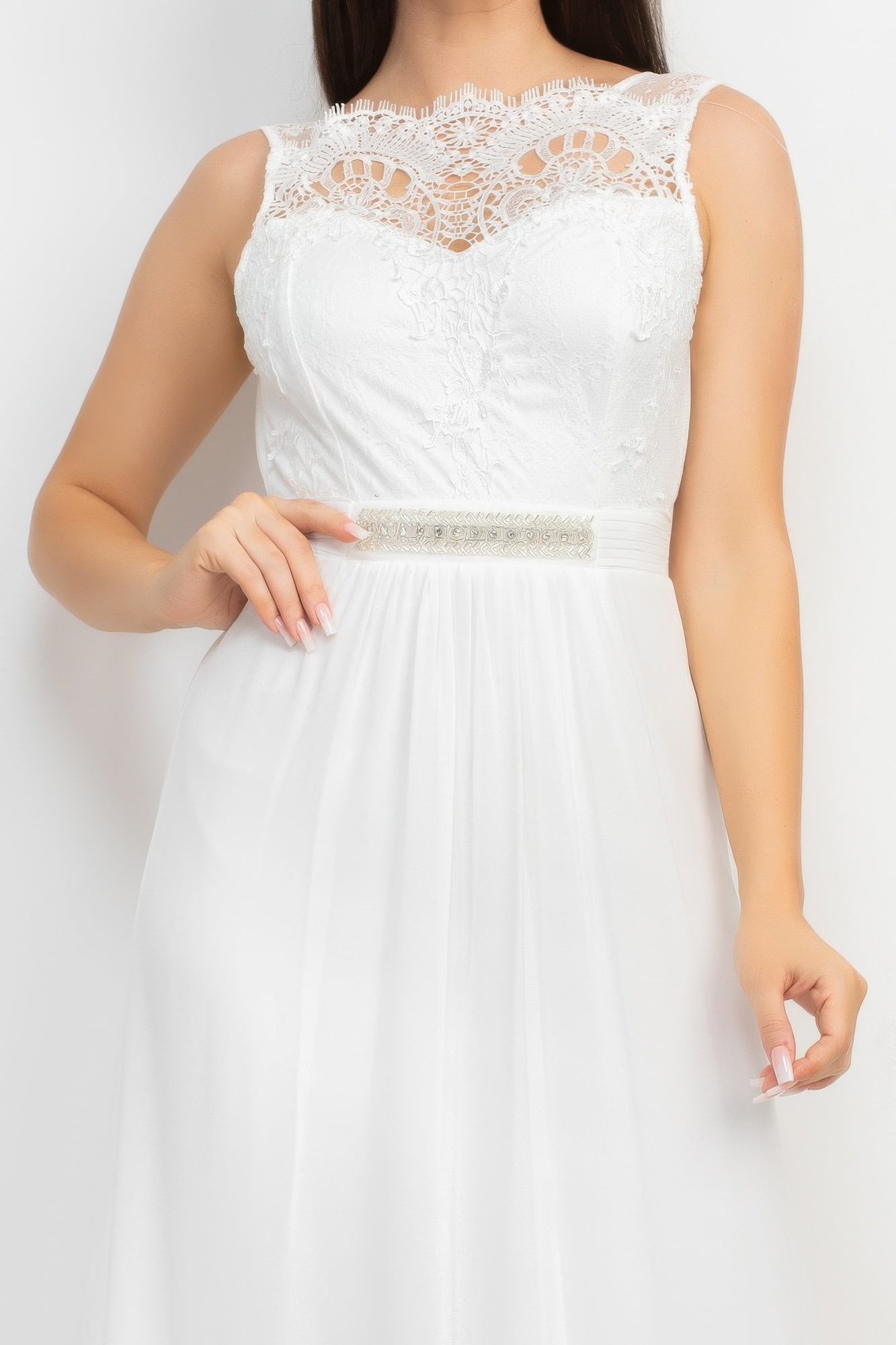 Jewel Waist-tie Lace Maxi Dress
