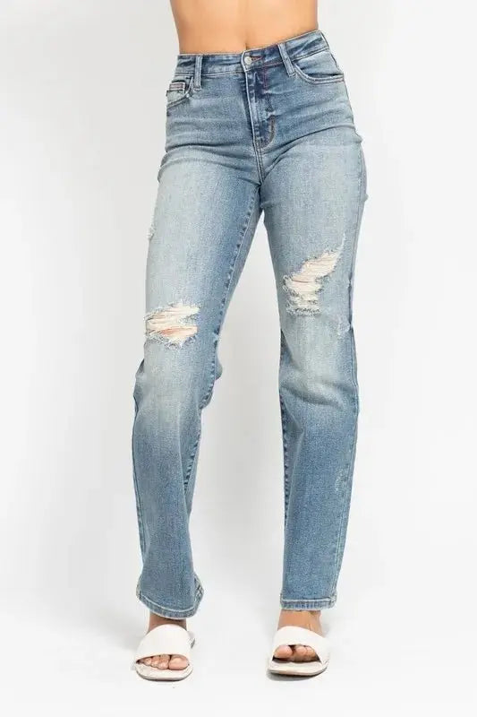 Shoes Trendsi Judy Blue High Waist Distressed Jeans Women's Plus Size Dad Jean - Comfy Fit
