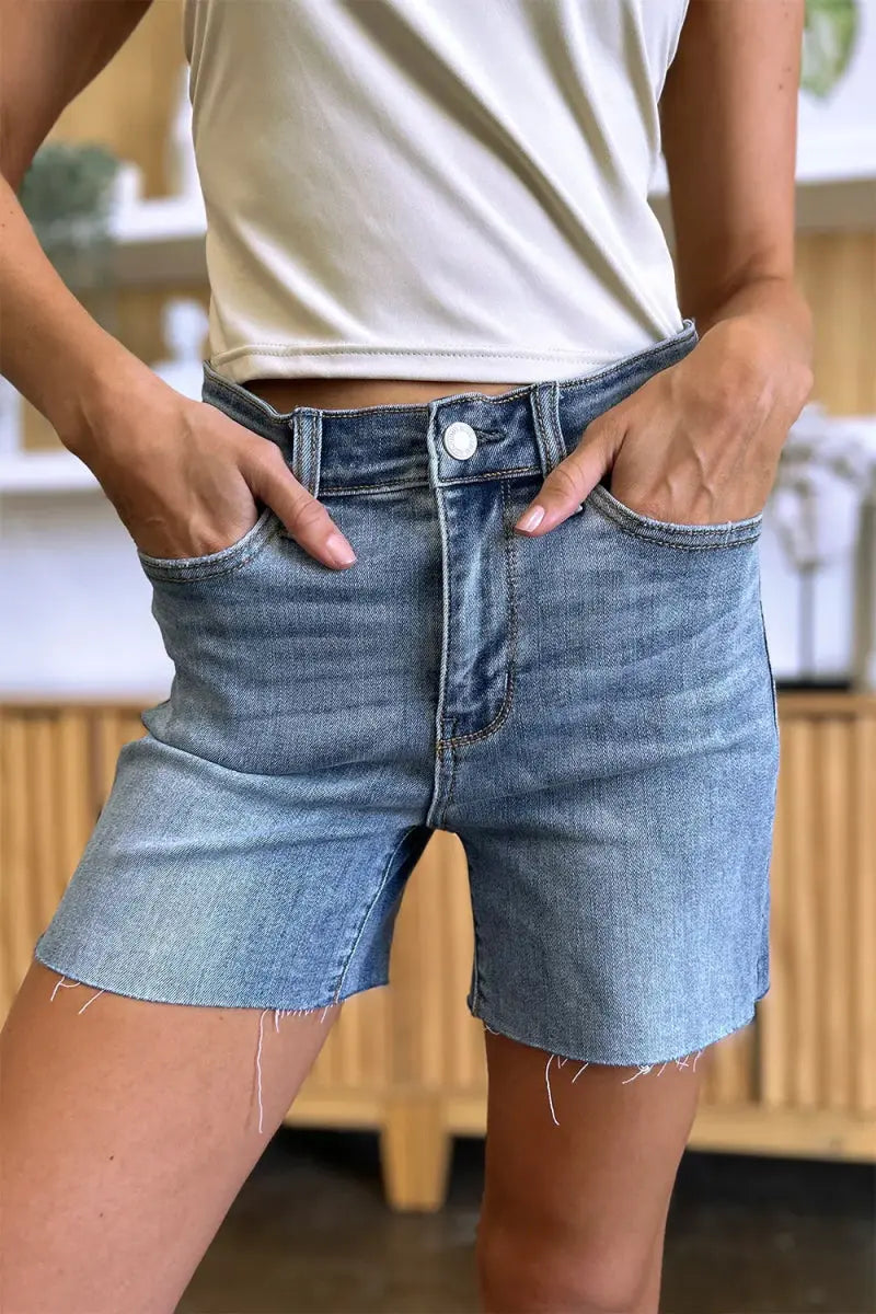 Women's Denim Shorts Denim Shorts - High Waist Raw Hem - Comfy Stretch Summer