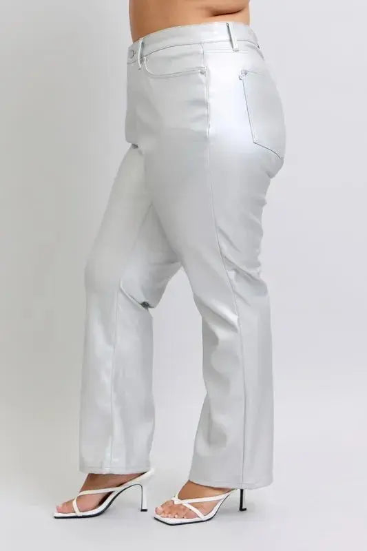 Trendsi Silver Faux Leather Pants Women's Plus Size High Waist Fashion Pants