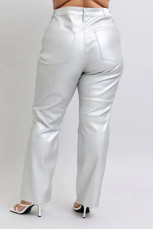 Trendsi Silver Faux Leather Pants Women's Plus Size High Waist Fashion Pants