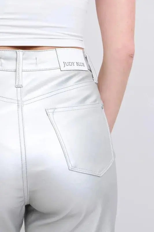 Trendsi Silver Faux Leather Pants Women's Plus Size High Waist Fashion Pants