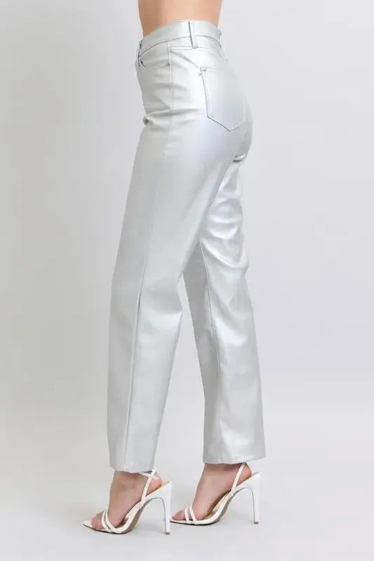 Trendsi Silver Faux Leather Pants Women's Plus Size High Waist Fashion Pants