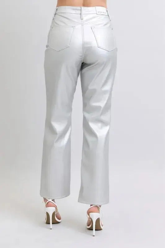 Trendsi Silver Faux Leather Pants Women's Plus Size High Waist Fashion Pants