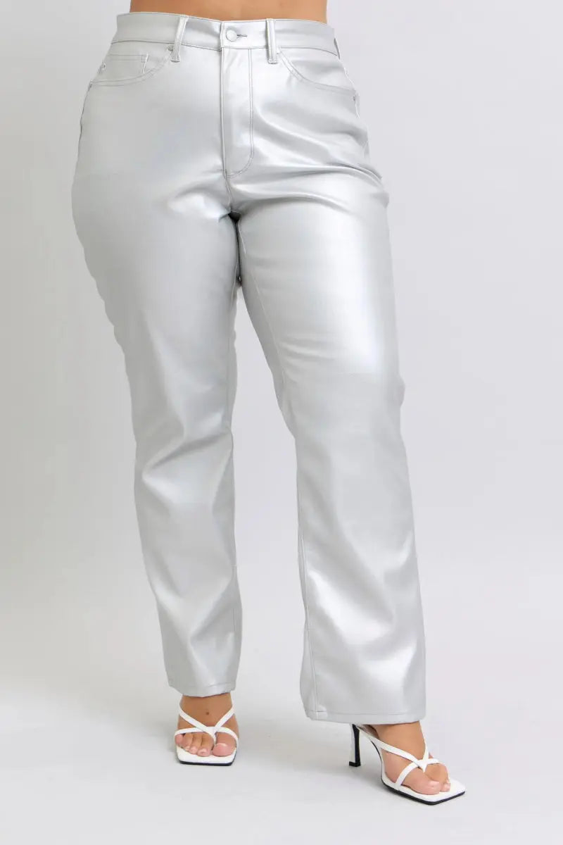 Trendsi Silver Faux Leather Pants Women's Plus Size High Waist Fashion Pants