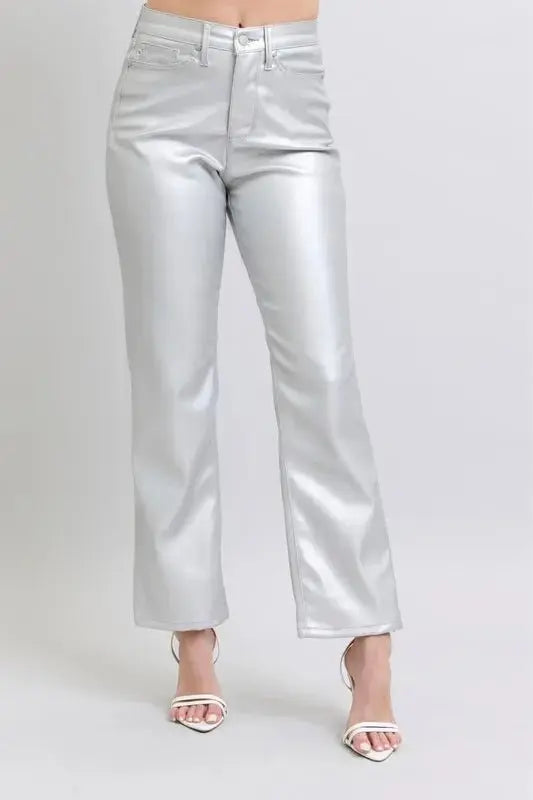 Trendsi Silver Faux Leather Pants Women's Plus Size High Waist Fashion Pants
