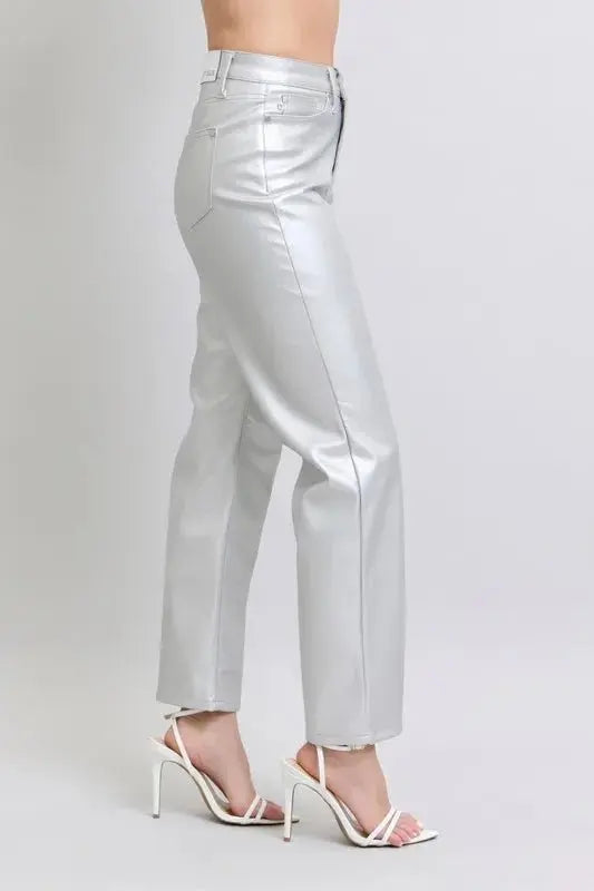Trendsi Silver Faux Leather Pants Women's Plus Size High Waist Fashion Pants
