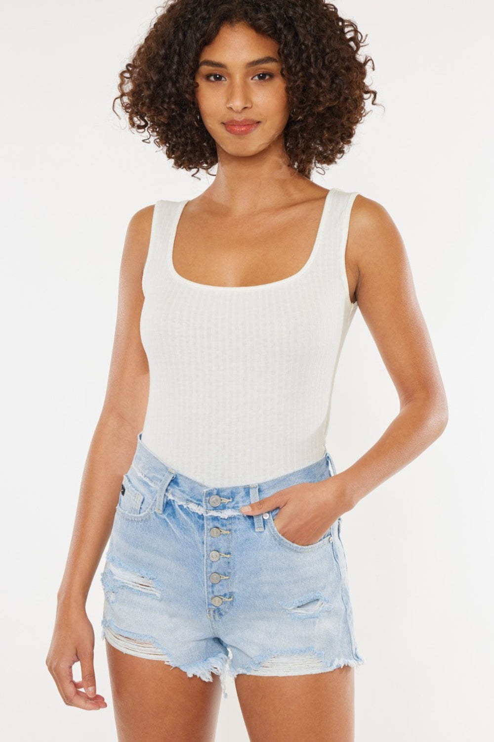 Distressed Button Fly Blue Denim Shorts