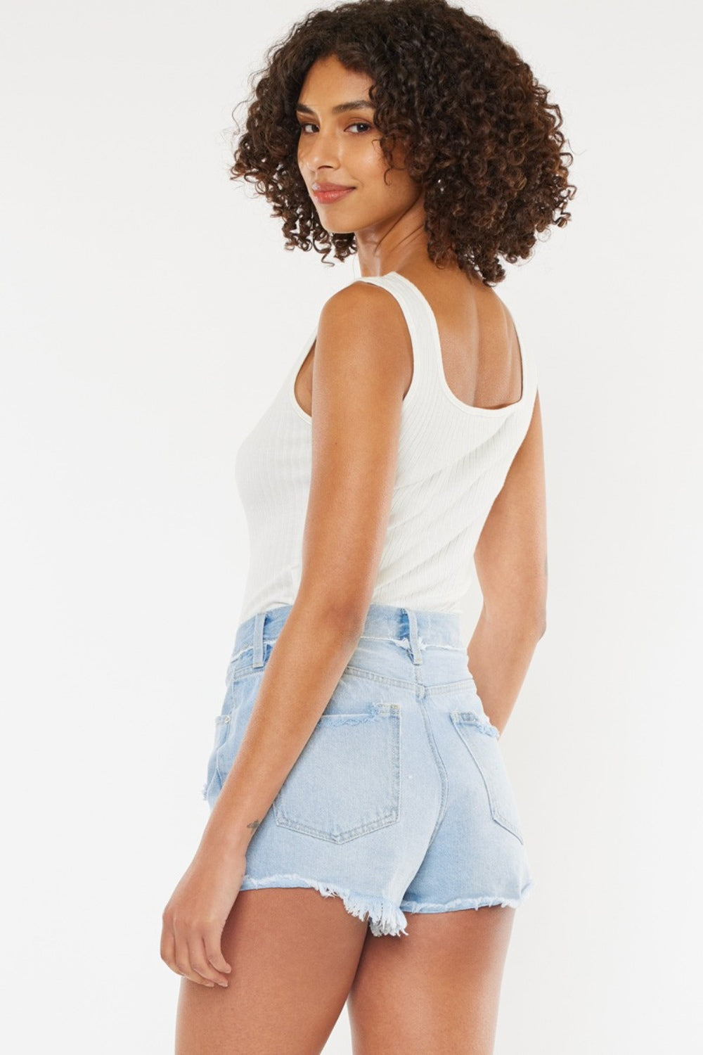 Distressed Button Fly Blue Denim Shorts