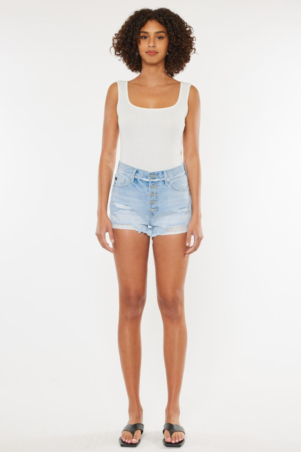 Distressed Button Fly Blue Denim Shorts