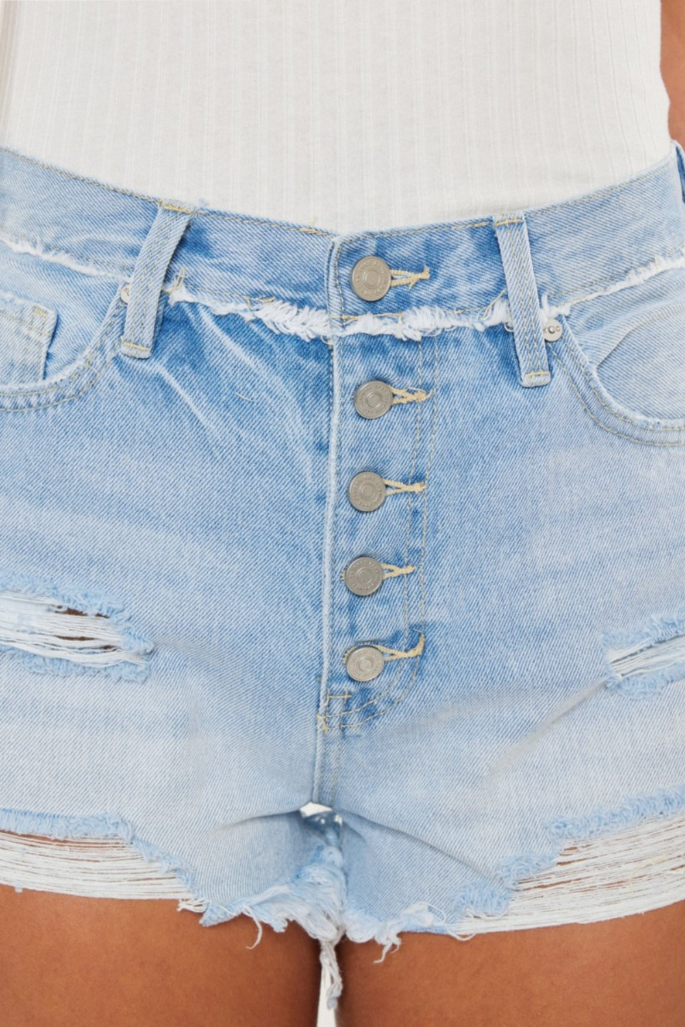 Distressed Button Fly Blue Denim Shorts