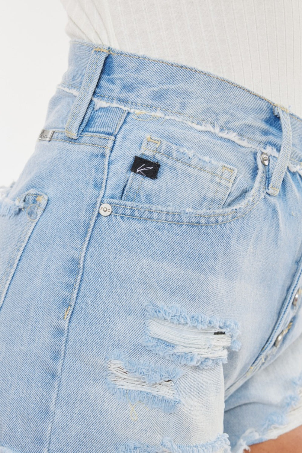 Distressed Button Fly Blue Denim Shorts