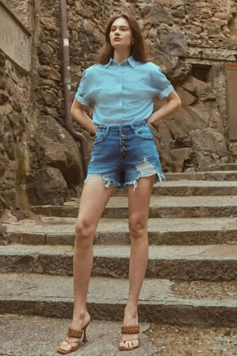 Women's Denim Shorts Denim Shorts - Distressed Button-Fly High Waist - Everyday Casual