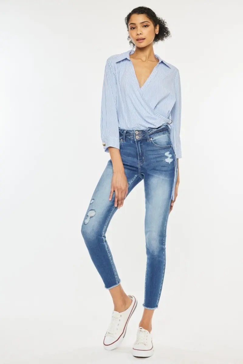 T-Shirts Trendsi Kancan Distressed Jeans Women's High Waist Denim - Raw Hem, USA Ship