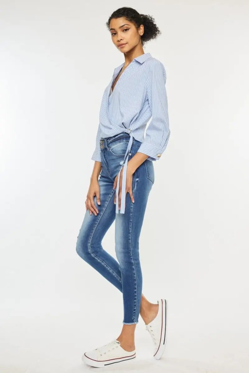 T-Shirts Trendsi Kancan Distressed Jeans Women's High Waist Denim - Raw Hem, USA Ship