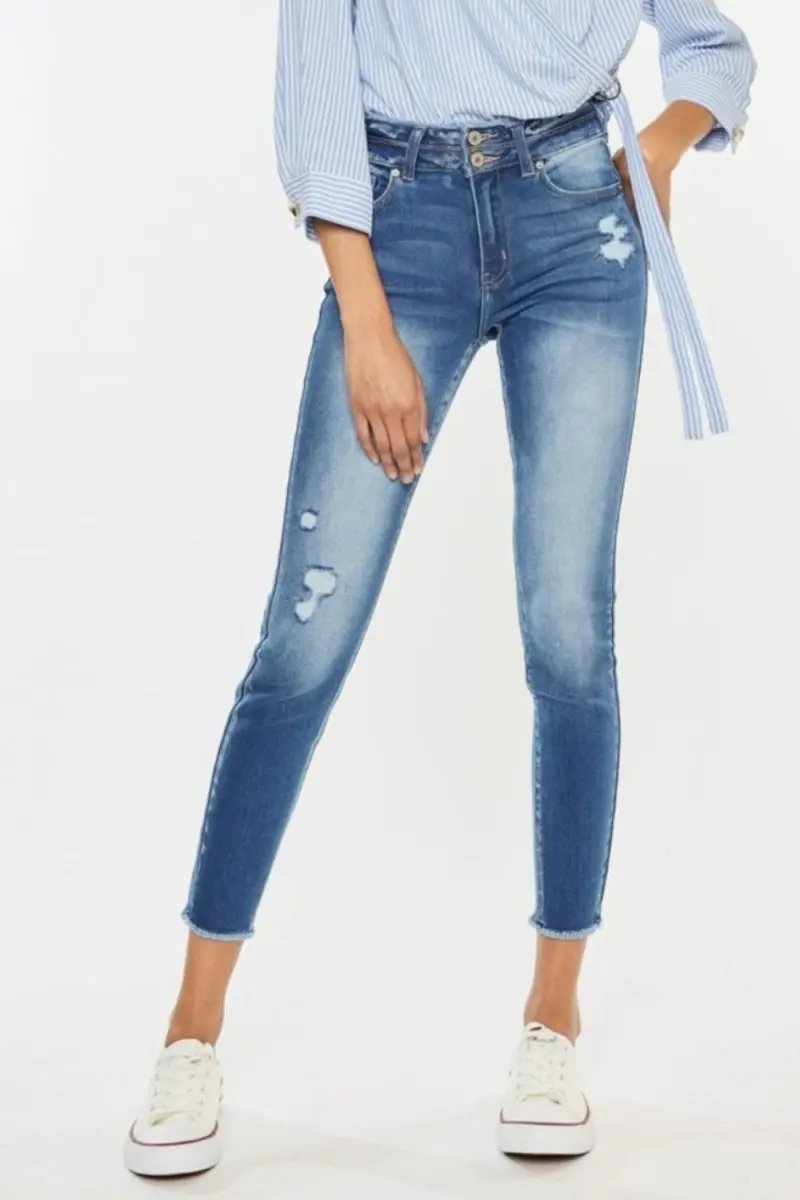 T-Shirts Trendsi Kancan Distressed Jeans Women's High Waist Denim - Raw Hem, USA Ship