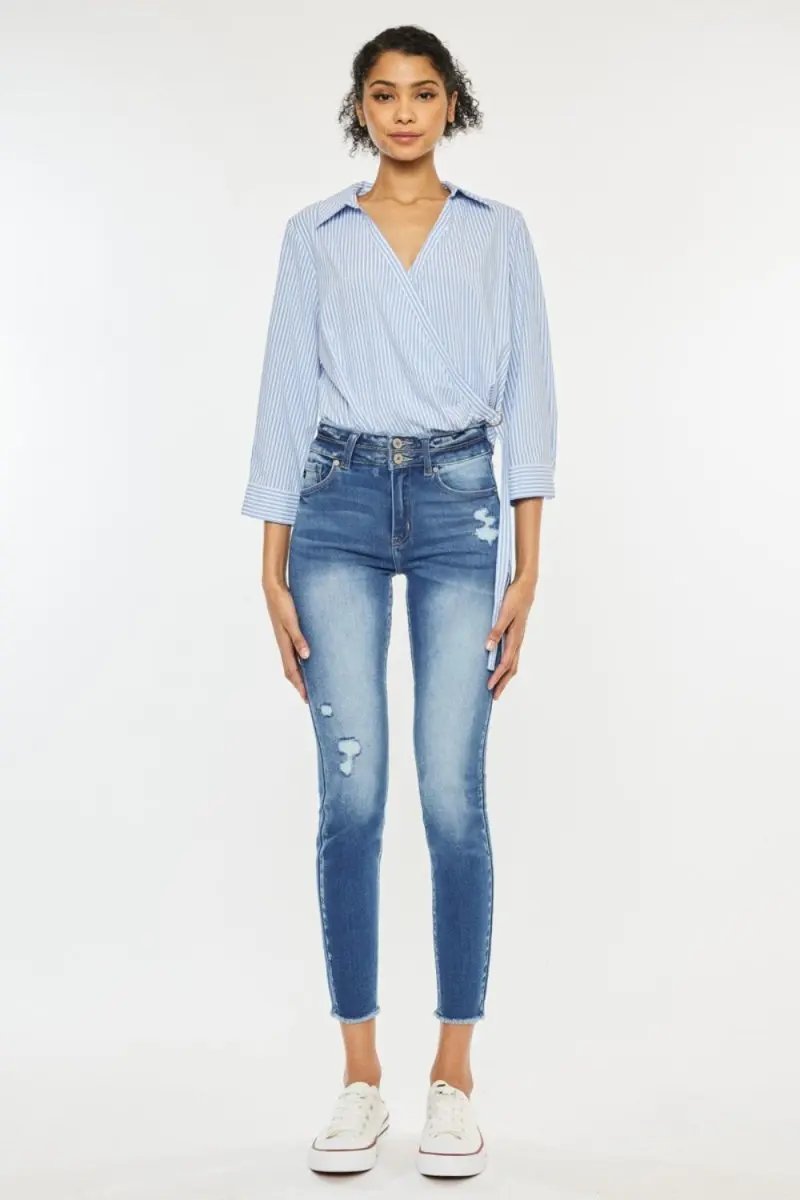 T-Shirts Trendsi Kancan Distressed Jeans Women's High Waist Denim - Raw Hem, USA Ship