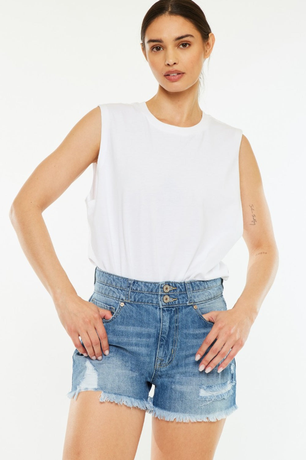 High Rise Raw Hem Blue Denim Shorts
