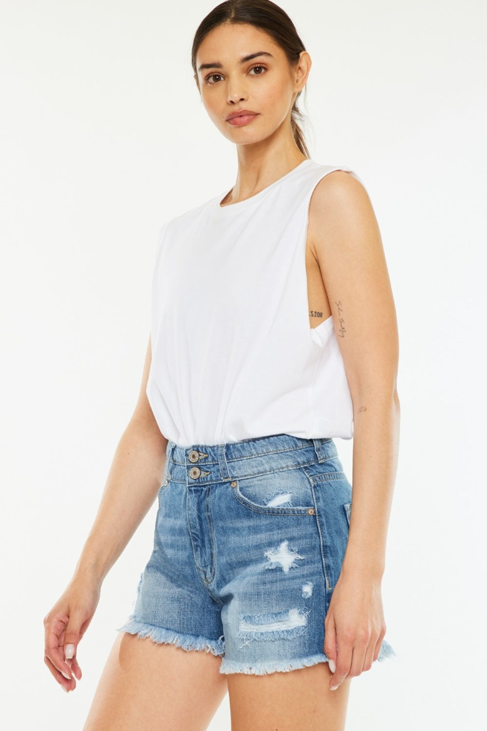 High Rise Raw Hem Blue Denim Shorts